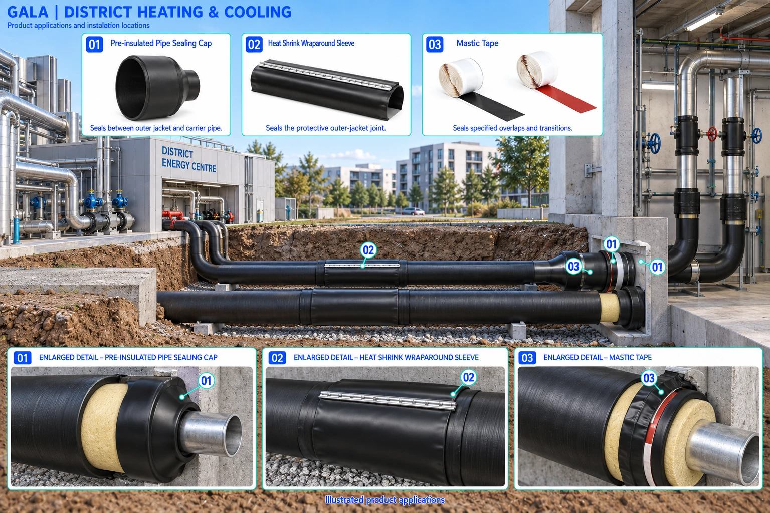 District Heating & Cooling application illustration showing pre-insulated pipe sealing cap, heat shrink wraparound sleeve, mastic tape.