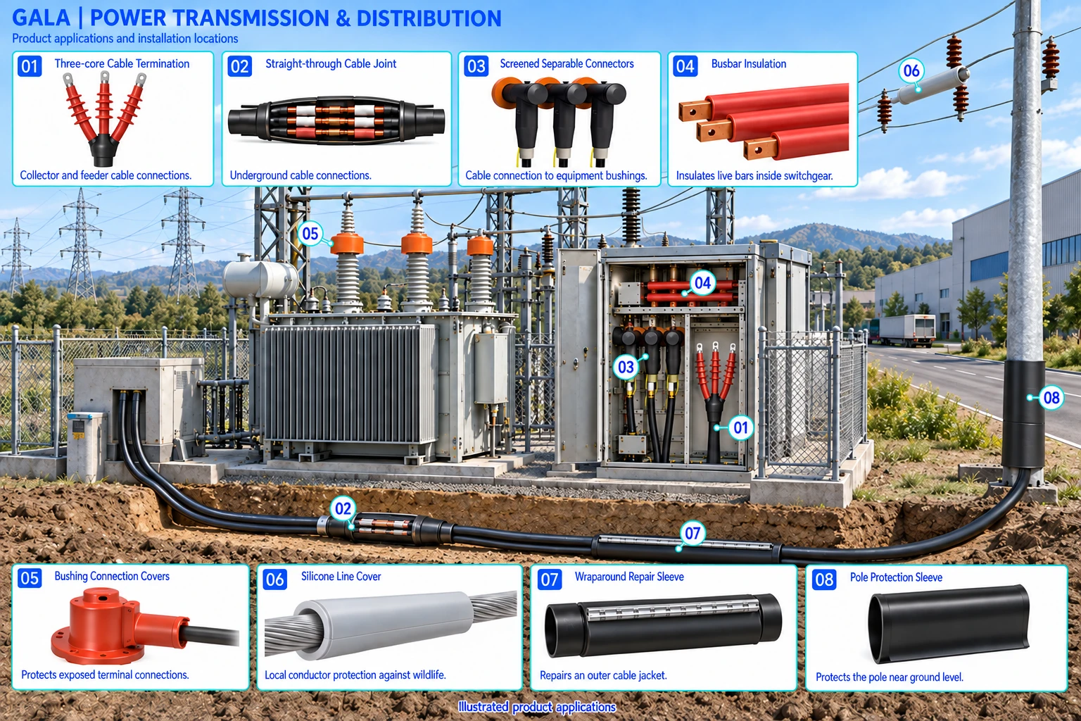 Power Transmission & Distribution application illustration showing three-core cable termination, straight-through cable joint, screened separable connectors, busbar insulation, bushing connection covers, silicone line cover, wraparound repair sleeve, pole protection sleeve.