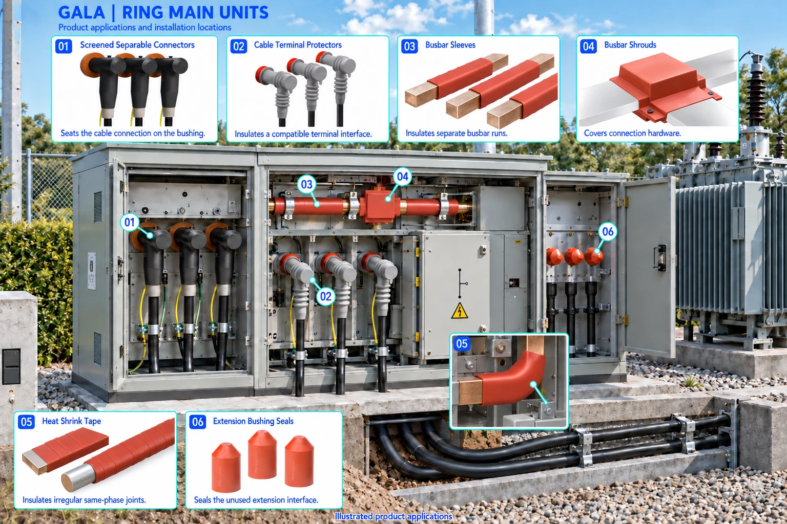 Ring Main Units application illustration showing screened separable connectors, cable terminal protectors, busbar sleeves, busbar shrouds, heat shrink tape, extension bushing seals.