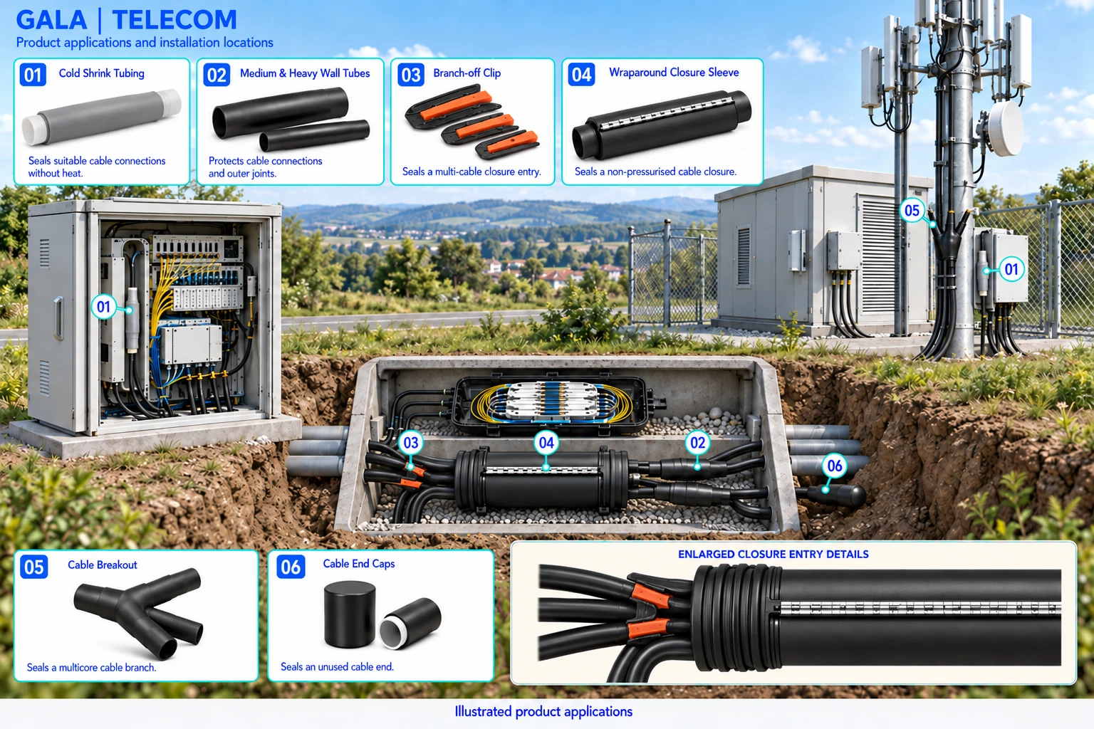 Telecom application illustration showing cold shrink tubing, medium & heavy wall tubes, branch-off clip, wraparound closure sleeve, cable breakout, cable end caps.