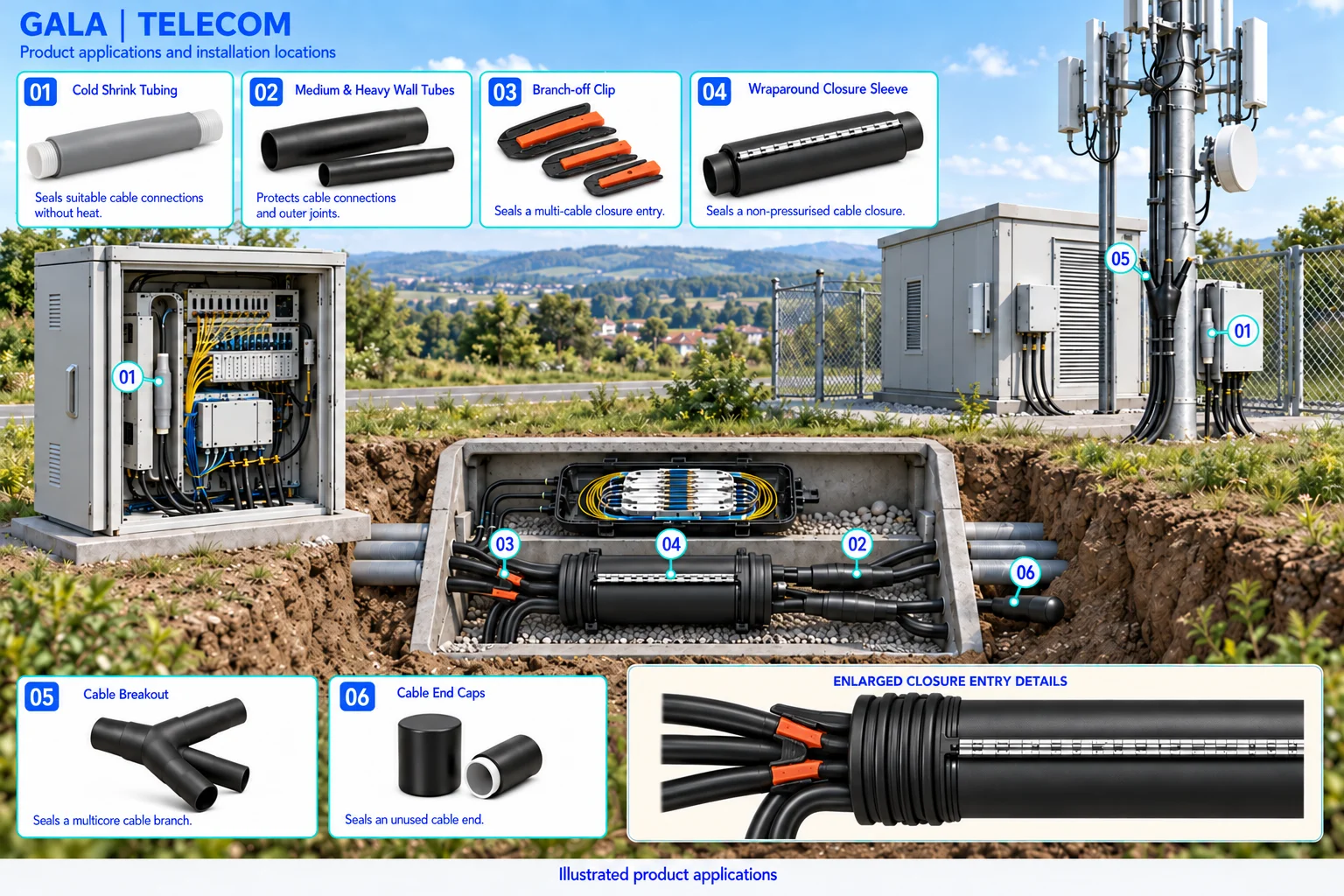 Telecom application illustration showing cold shrink tubing, medium & heavy wall tubes, branch-off clip, wraparound closure sleeve, cable breakout, cable end caps.