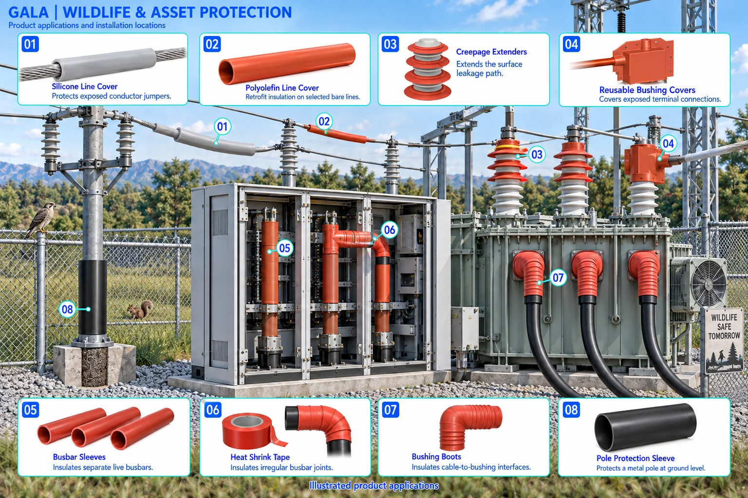Wildlife & Asset Protection application illustration showing silicone line cover, polyolefin line cover, creepage extenders, reusable bushing covers, busbar sleeves, heat shrink tape, bushing boots, pole protection sleeve.