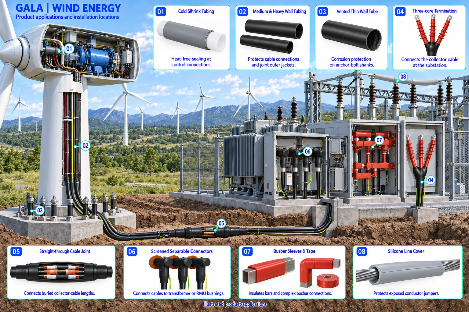 Wind Energy application illustration showing cold shrink tubing, medium & heavy wall tubing, vented thin wall tube, three-core termination, straight-through cable joint, screened separable connectors, busbar sleeves & tape, silicone line cover.