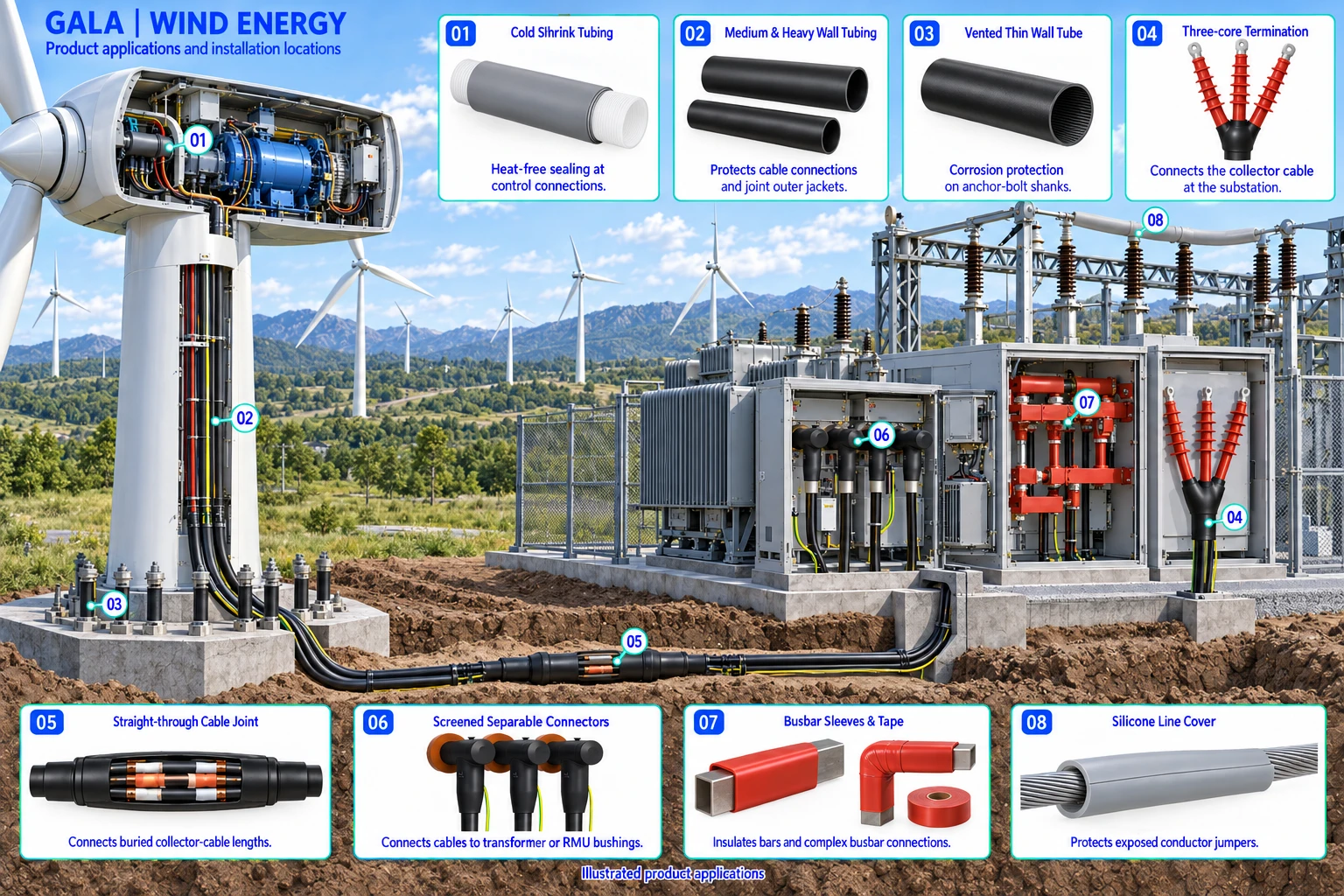 Wind Energy application illustration showing cold shrink tubing, medium & heavy wall tubing, vented thin wall tube, three-core termination, straight-through cable joint, screened separable connectors, busbar sleeves & tape, silicone line cover.