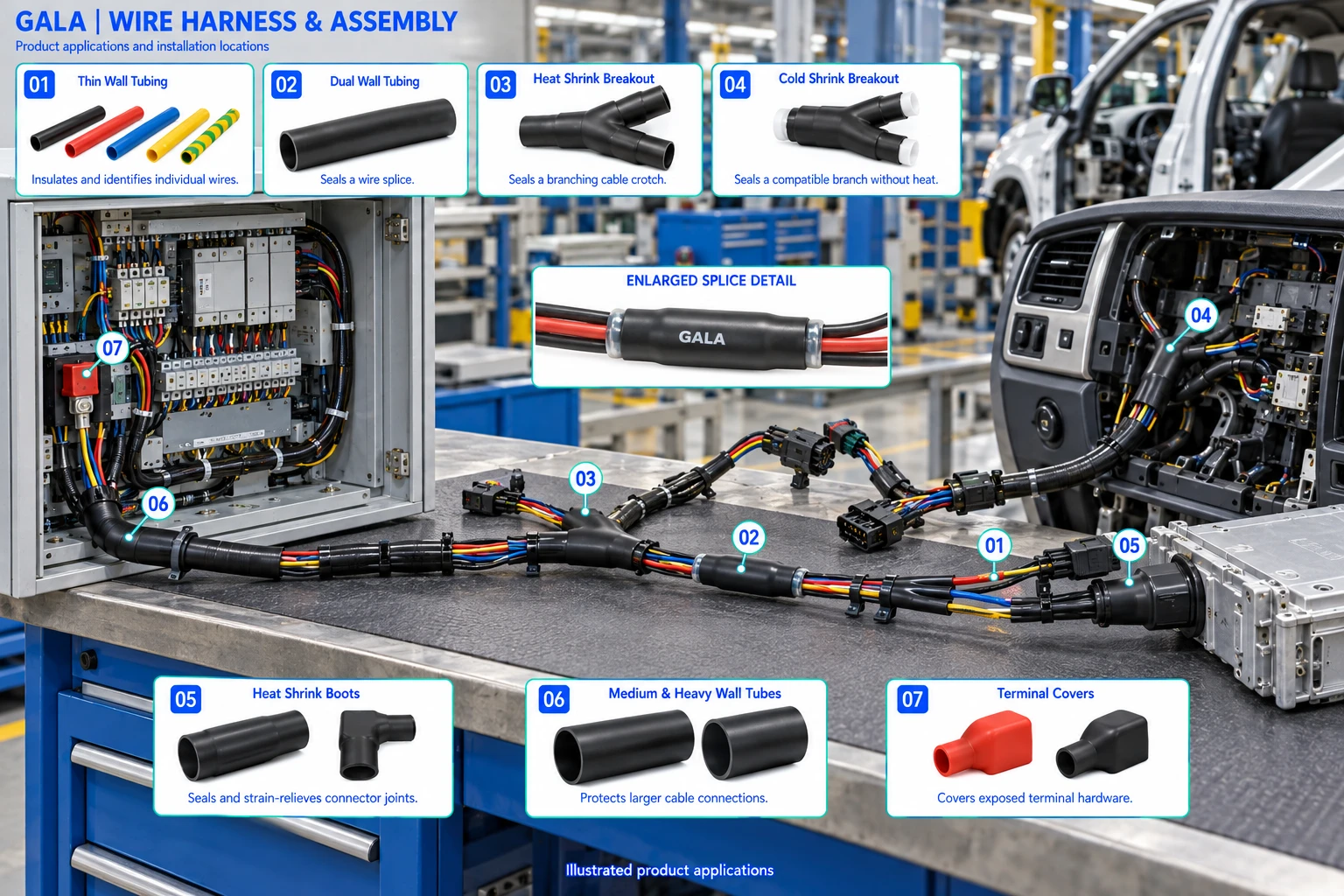 Wire Harness & Assembly application illustration showing thin wall tubing, dual wall tubing, heat shrink breakout, cold shrink breakout, heat shrink boots, medium & heavy wall tubes, terminal covers.
