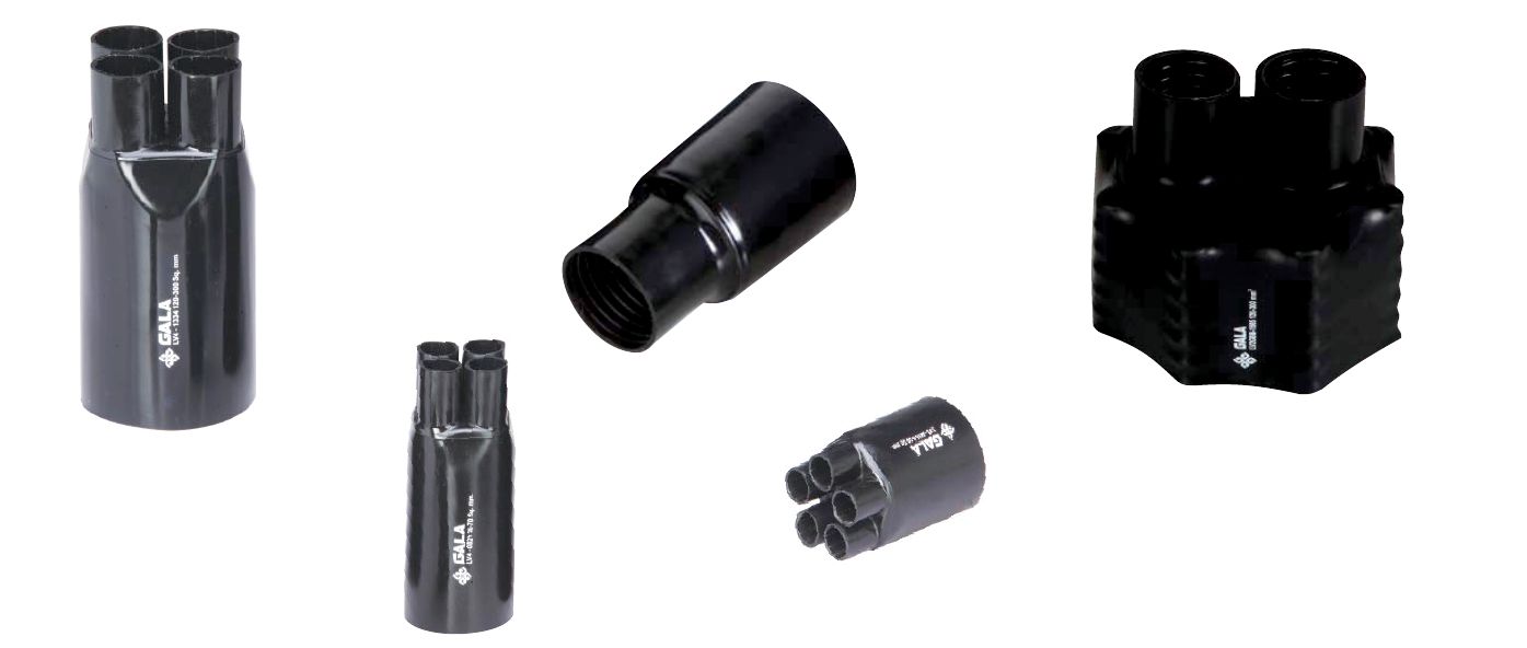 Five black GALA INSULCORE low-voltage breakouts of different sizes and finger counts