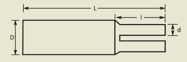 Outline drawing of a breakout: body diameter D, finger diameter d, overall length L and finger length l