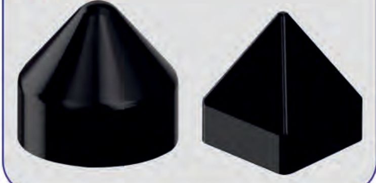 Black PVC pole caps, one round with a conical top and one square with a pyramid top